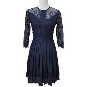 Alex Marie Size 2 Navy Blue Lace and Chiffon Midi Cocktail Dress, Gently Used